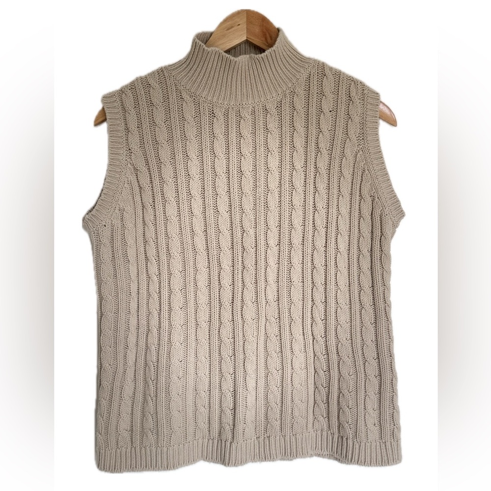 Classic Beige Cable Knit Vest Sweater Mock Neck Sleeveless Boho Preppy Soft Lrg